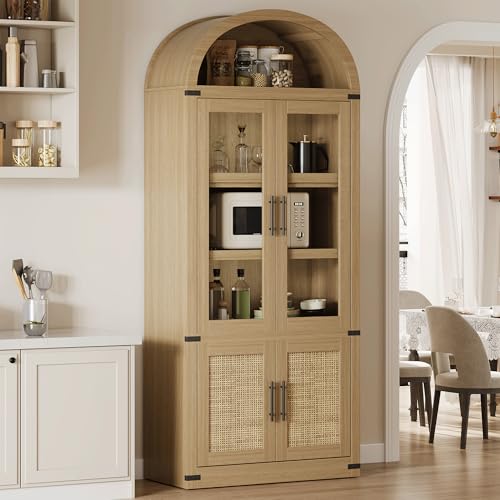 GarveeHome Arched Bookcase with Doors Modern 6-Tier Bookshelf with Storage Wooden Display Cabinet Farmhouse Storage Shelves for Living Room, Kitchen,