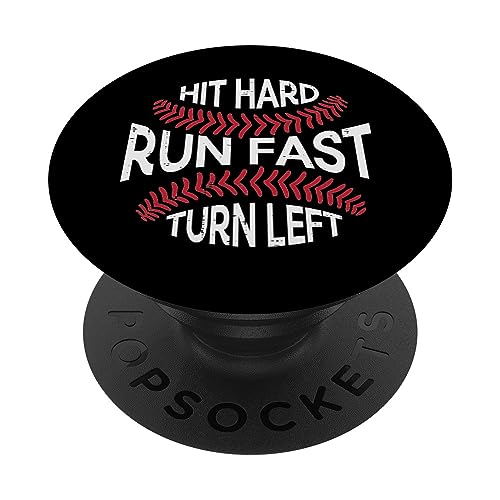 Hit Hard Run Fast Turn Left Funny Baseball Player Hombres Niños PopSockets PopGrip Intercambiable