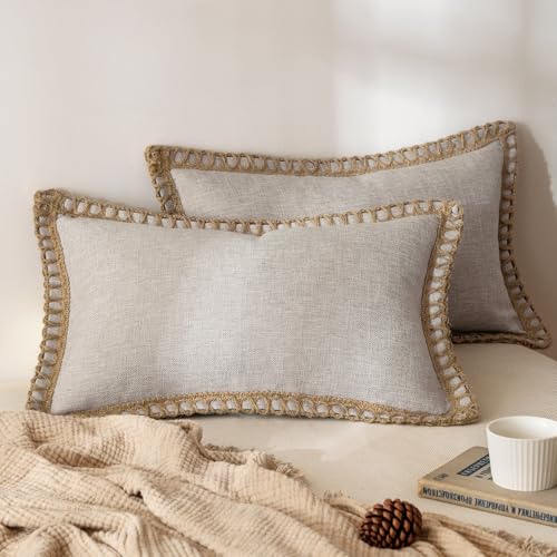 MIULEE Pack of 2 Decorative Throw Pillow Covers Modern Farmhouse Outdoor Pillow Covers Neutral Linen Burlap Cushions for Couch Bed Living Room Sofa, Greyish White 12 x 20 inches 30 x 50 cm