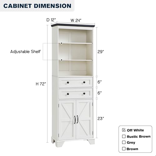 72-Tall-Bathroom-Storage-Cabinet-Farmhouse-Storage-Cabinet-with-2-Drawers-Adjustable-Shelves-Barn-Door-Cabinet-for-Bathroom-Living-Room-Kitchen-Off-White 72 Tall Bathroom Storage Cabinet Farmhouse Storage Cabinet with 2 Drawers Adjustable Shelves Barn Door Cabinet for Bathroom Living Room Kitchen Off White