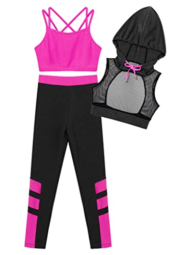 Hedmy Girls Sports Dance Outfit 3 Piece Activewear Set Sleeveless Mesh Hoodie Tank Top and Athletic Leggings