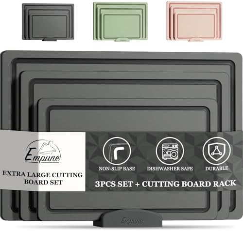 Empune Plastic Cutting Board Set, Recycled Plastic Cutting Boards for Kitchen (Set of 3), Dishwasher Safe Large Chopping Board with Holder, Non-slip Feet and Juice Grooves, Nonporous, Grey