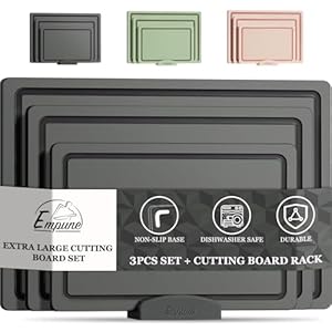 Empune Plastic Cutting Board Set, Recycled Plastic Cutting Boards for Kitchen (Set of 3), Dishwasher Safe Large Chopping Board with Holder, Non-slip Feet and Juice Grooves, Nonporous, Grey