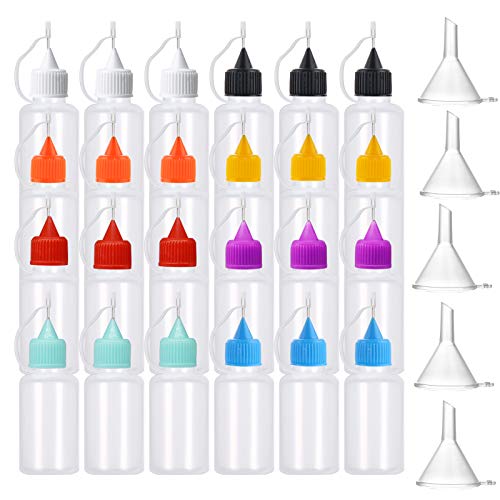 24 Pcs 1oz/30ml Needle Tip Glue Bottle, Plastic Dropper Bottles, 8 Colors Precision Tip Applicator Bottle for Paint Quilling Craft, with 5 Funnel