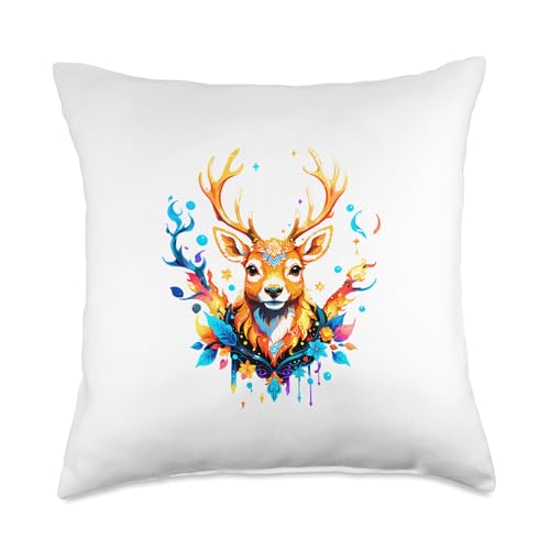 SnacktimePro Majestic Wildlife Reindeer | Vibrant Colorful Nature Holiday Throw Pillow, 18x18, Multicolor