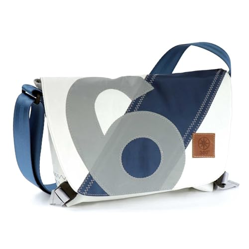 360° Grad Törn Schultertasche Segeltuch weiß-blau, Zahl hellgrau