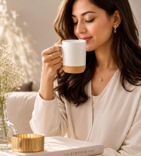 Image of Matte White Ceramic Coffee Mug with Cork Base & Spill-Proof Lid | 350 ml Office & Home Coffee Cup | Mug for Hot & Cold | Anti-Slip Wood Bottom Tea for Desk, Travel & Gifting
