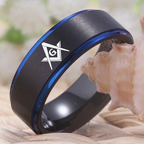 Classic Black with Blue Step Men's Tungsten Carbide Ring Brushed Masonic Compass Square Free Mason-Free Customize Engraving4