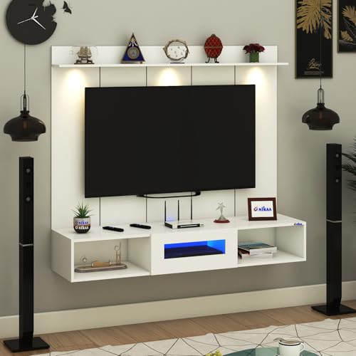 Image of Anikaa Novus PVC Back Panel Wall Mounted TV Unit with Spot & Blue Ambient LED Light - Acrylic Storage Box, Display Shelf & Soft-Close Hinges | Ideal for UP to 50 Inch TV (White - DIY Installation)