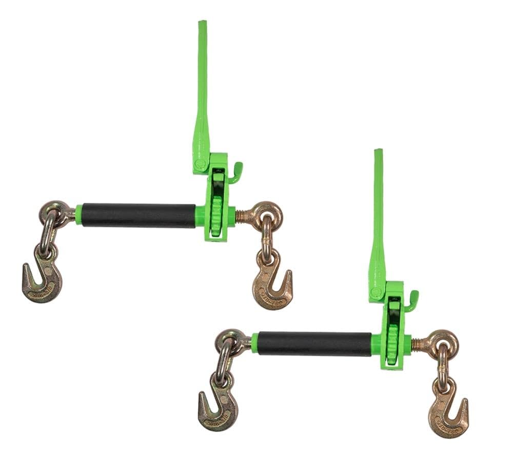 2 Pack 5/16" - 3/8" Hi-Viz Green Heavy Duty Folding Handle Ratchet Load Binder w/Grab Hook 7,100 lbs WLL | Tie Down Hauling Chain Binders for Flatbed Truck Trailer