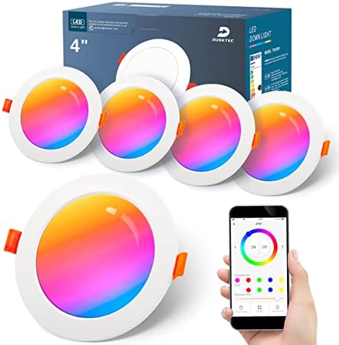 LED RGB Downlights, Smart Spotlights for Ceiling Colour Changing 12W, Dimmable Recessed Lights Bluetooth APP Controlled Multicoloured IP44 Kitchen Bathroom Lighting, 95-110mm Cutout, 4 Pack, DUSKTEC