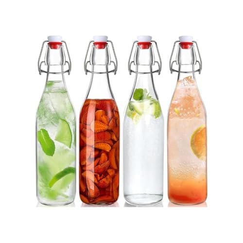Image of Glassbunny 500ml Borosilicate Glass Water Bottles with Airtight Cap, Clear, Swing Top Flip Top Bottles for Fridge, Leak Proof, Reusable, BPA Free, Pack of 4