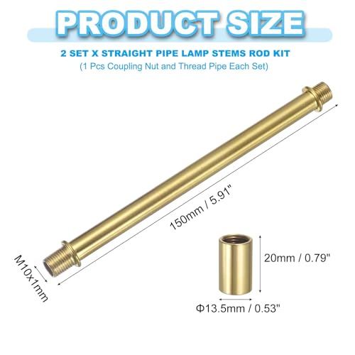 Image of PATIKIL Straight Pipe Lamp Stems Rod Kit, 2 Set M10 Carbon Steel 150mm(5.91 inch) Long Double End Thread Rod with Coupling Nuts Sleeve Connector for Table Lamps Chandeliers,Copper