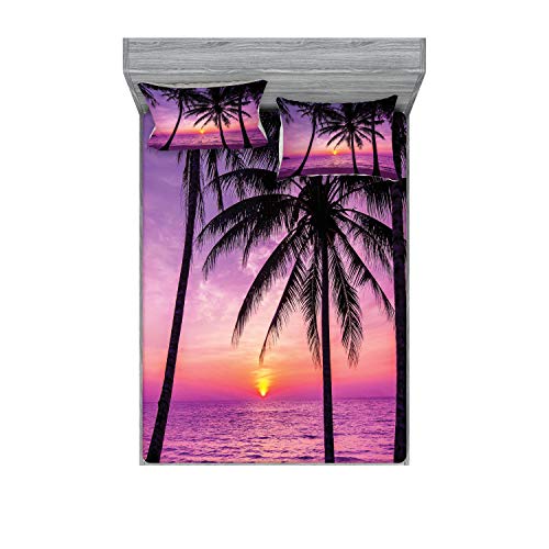 Ambesonne Ocean Fitted Sheet & Pillow Sham Set, Palm Trees Silhouette at Sunset Dreamy Dusk Warm Exotic Twilight Scenery Image, Decorative Printed 3 Piece Bedding Decor Set, Calking, Purple Black