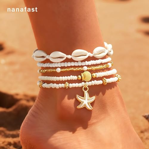 Image of Nanafast Beaded Boho Anklets for Women, Beachy Shell Anklets for Women, Puka Shell & Starfish Charms Beach Jewelry Adjustable