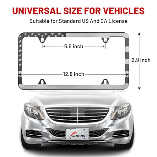 RED WOLF American USA Flag License Plate Frame Stainless Steel Holder Front Rear Auto Tag US Stars & Stripes Slim Edge for Patriotic, 4 Holes Mount W/Screw Accessories Caps 2 PCS