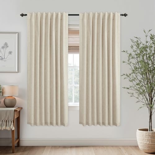 KOUFALL 52x72 Inches Long Light Tan Back Tab Linen Blackout Curtains