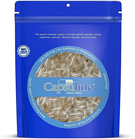 Capsuline Size 000 Gelatin Empty Capsules, 1000 Count, Empty Gel Pill Capsules, DIY Pure Bovine Pill Capsule Filling, Empty Caps, Kosher, Gluten Free and Halal Certified, Non-GMO Certified, Clear