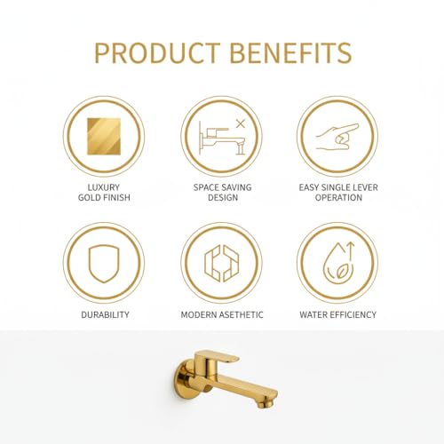 Image of Luxury Gold Finish Wall Mounted Basin Tap - Single Lever Mixer, Modern Brass Faucet for Bathroom & Wash Basin, Contemporary Design, Durable & Rust Resistant, Easy Installation