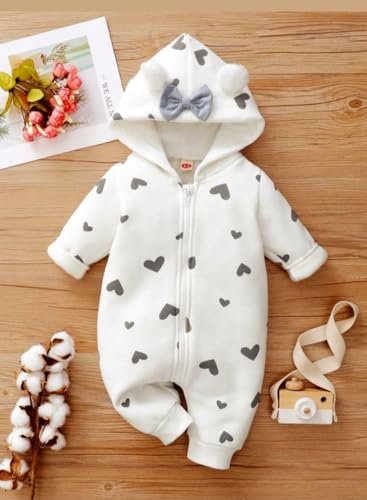 Image of BRANDONN Kids Baby Cotton Fleece Jumpsuit Romper Onesie Sleep Suit Hooded Semi Winter Zipper (White & Grey, 3-6 Months, Length : 56 cm x Chest : 28 cm)