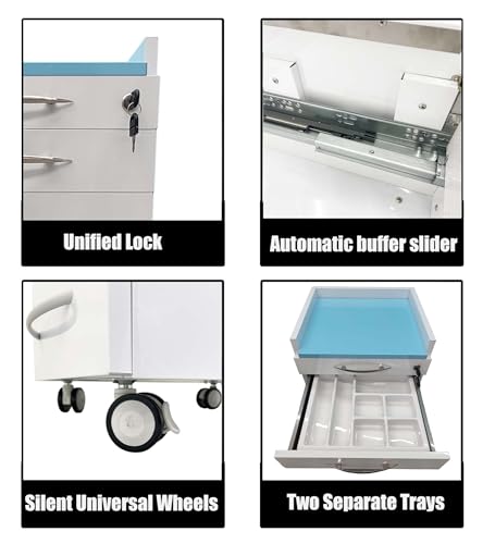 BREVELTION 4 Drawer Mobile Dental Storage Cabinet, Dental Assistant's Utility Cart Stainless Steel Office Mobile Medical Trolley Cart with Lock and Wheels for Office Hospital