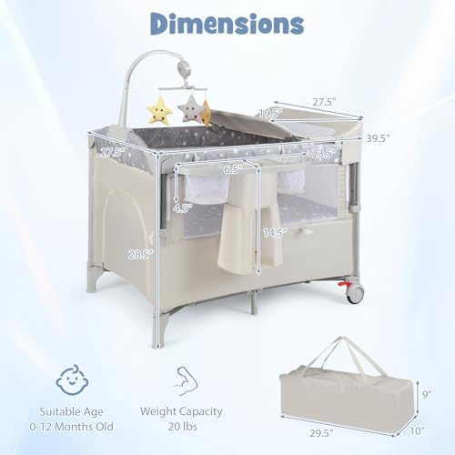 Image of BABY JOY 5-in-1 Pack and Play, Portable Baby Bedside Sleeper with Bassinet, U-Shaped Diaper Changer, Safety Strap, Side Zipper Entrance, Hangings, Bedside Crib Playard from Newborn to Toddlers (Beige)