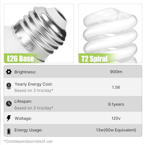 Barfelty CFL Light Bulbs E26 Base, T2 Spiral 13Watt (60Watt Equivalent) Soft White 2700K 900lm Compact Fluorescent Light Bulbs, UL Approved, 120v 60Hz, Self Ballasted CFL Bulbs, Pack of 2 - Thumbnail 3