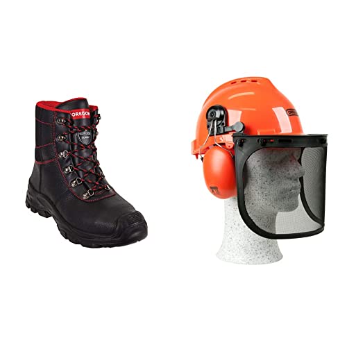 Oregon Sarawak Klasse 1 Kettensägen-Schnittschutzstiefel aus Leder, Stahlkappen, Größe 44 & Yukon Kettensägen-Sicherheitshelm mit Gehörschutz und Netzvisier (562412), Orange, Einheitsgröße
