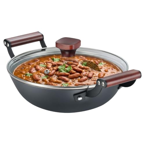 Image of Prestige Castlite Patterned Enamel Coated Cast Iron Kadai 24cm /2.4L with Glass Lid | High Heat Retention, Rust-Proof | Gas & Induction Compatible | Low-Oil Cooking | Stay-Cool Handles | 15Y Warranty