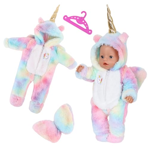 Puppenkleidung für 14-17 Inch Baby Puppen, Buntes Pony Plüsch Strampelanzug mit Ohren Flügel Mütze, Kleiderbügel, Puppenkleidung für 43 cm Puppen Mädchen Winter Geburtstagsgeschenk(Keine Puppe)