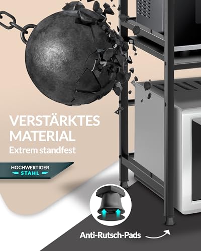 Heldenwunder Mikrowellenregal Küchenregal stehend Stahl (3-stufig) | Mikrowellen Regal Mikrowellenschrank | Vorratsregal Bäckerregal höhen & längenverstellbare Ablage + Videoanleitung, Haken - Schwarz