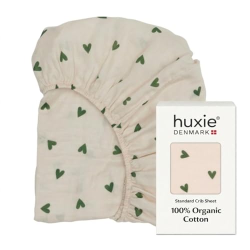 Image of Crib Sheets - Organic Cotton Muslin Fitted Crib Sheet - Standard Size for Baby Boy and Baby Girl 28 inch x 52 inch Ultra-Soft and Breathable. (Green Hearts)