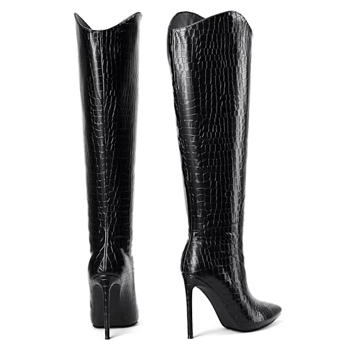 Elisabet Tang Women's Knee High Boots Pointed Toe Tall Boots 4 In Stiletto Heel Stylish Wide Calf Slip on High Heel Booties for Women Winter Long Boot Shoes4