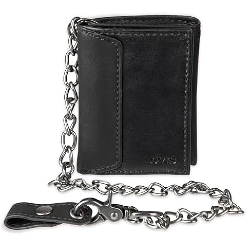 Levi's Men's Trifold Wallet - Sleek and Slim Includes ID Window and Credit Card Holder,Black with Chain