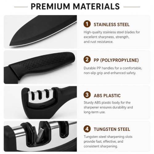 Image of SNMMIFER Kitchen Knife Set with Knife Sharpener, 4 Pcs Black Kitchen Knives Set for Cutting, Chopping, Slicing & Dicing,Knife with 3 Stage Sharpener (Knife + Sharpner)