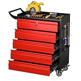 Aobabo Metall-Aufbewahrungsschrank mit 5 Stecktafeln und 2 Schubladen, 79 x 62 x 33 cm, abschließbarer Stahl-Werkzeugschrank für Garage, Lager, Montage erforderlich (5 Schublade, Schwarz Rot)