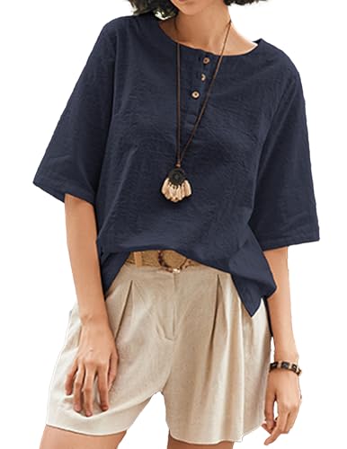 Cnlinkco Women's Cotton Linen Short Sleeve Top Deep Blue L