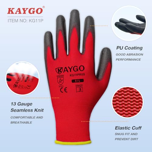 Luvas de trabalho de segurança com revestimento de poliuretano - 12 pares, Kaygo KG11PB, luva de mal