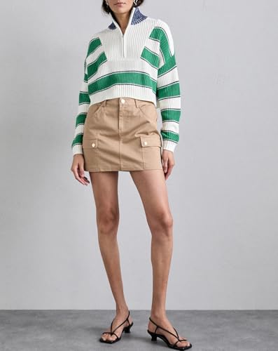Image of EZAPINE Striped Sweater for Women Cropped Half Zip Stand Collar Casual Long Sleeve Color Block Pullover Tops Green