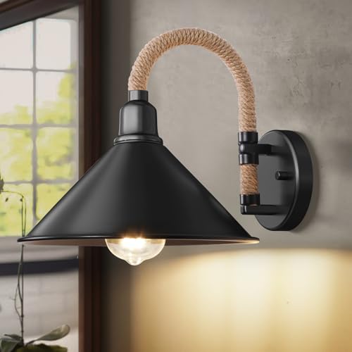 HYMELA N03 Black Gooseneck Wall Sconce Industrial Indoor Wall Light Fixture Rustic Wall Mount Light for Entrance Porch Kitchen Sink Living Room Farmhouse Barn Lights with Hemp Rope Woven Gooseneck by HYMELA - Used condition - US$19.94