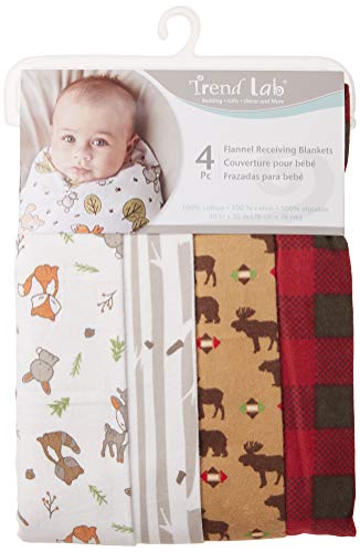 Northwoods 4 Pack Blankets-Northwoods Moose And Bear, Forest Animals, Birch Stripe And Buffalo Check Prints, 100% Cotton Flannel, Red, Brown, Tan, Grays, 30 In X 30 In Each #TOP1