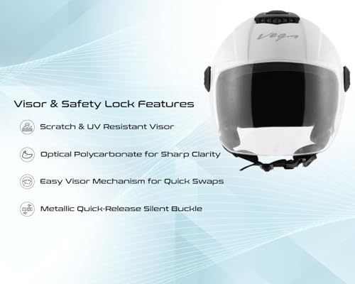 Image of Vega Aster Dx ISI Certified Full Face Motorcycle Helmet with Durable ABS Outer Shell High Density EPS Liner Scratch Resistant Visor Quick Release Buckle Comfortable Inner Padding White Helmet-L