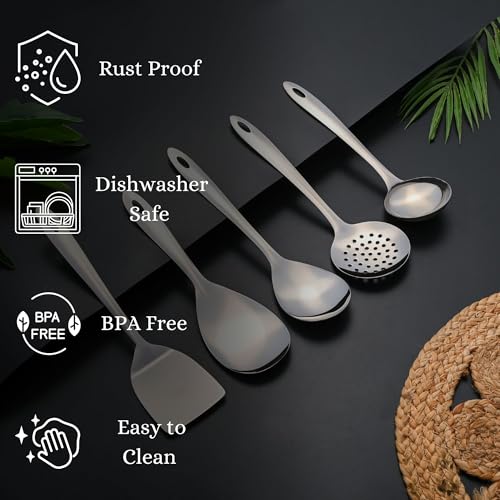 Image of Montavo by FnS 5 Pieces Premium Stainless Steel Serving Tools Set, Rice Server, Gravy Ladle, Veg Serving Spoon, Skimmer & Solid Turner, Food Grade Kitchen Utensils for Home & Dining