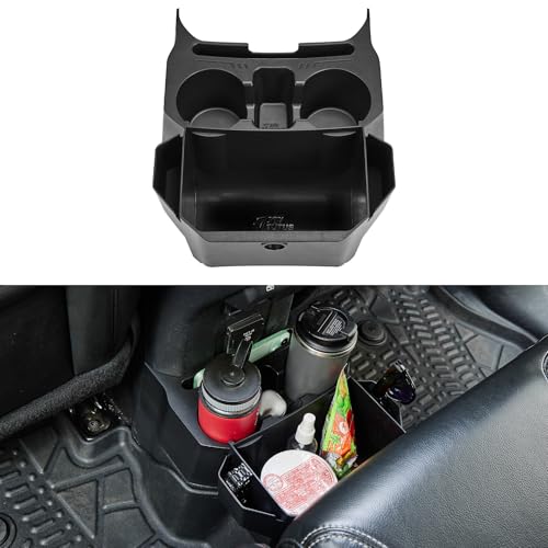 JOYTUTUS Backseat Cup Holder Storage Box Tray Organizer with Removable Trash Bin for Wrangler JL Gladiator JT, 2 Large Cup Holders Phone Storage, Floor Console Mounted Easy No-Drill Installation