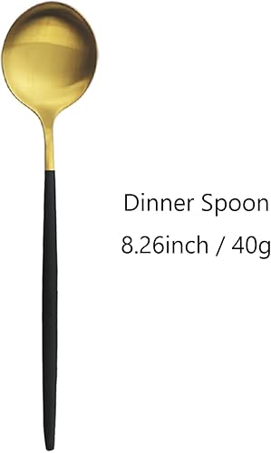Miniatura 2 de Cuchara de cena de 8 piezas negro mate y dorado, juego de cucharas de uso diario de 8.26 pulgadas, cucharas de acero inoxidable para sopa