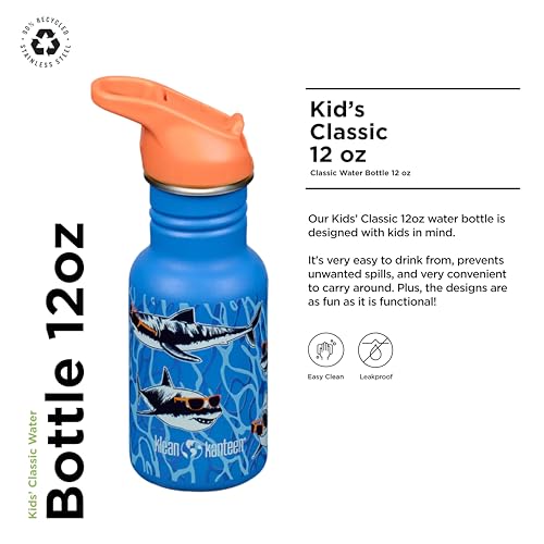 Klean Kanteen 12 oz Classic Kid's Water Bottle with Flip Seal Sport Cap & Straw - 100% Leakproof Cap - Durable Stainless Steel Material - Lightweight & Easy-Grip - BPA-Free - Sharks in Shades by Klean Kanteen - Image 2