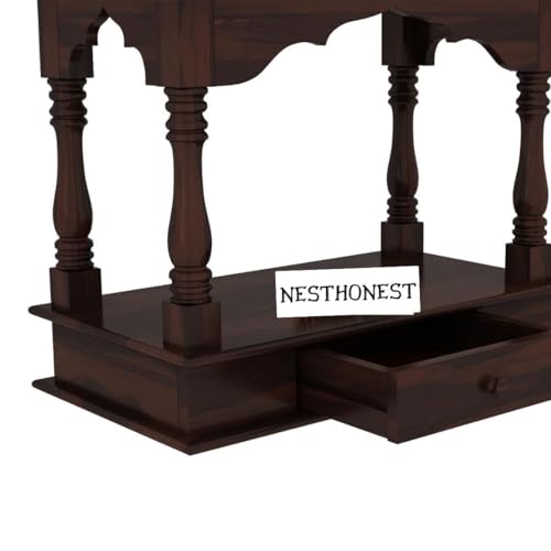 Image of Wall Mounted Solid Sheesham Wood Puja Mandir for Home Solid Wooden Temple for Puja Room with 1 Drawer Storage Pooja Ghar Wooden Furniture for Pooja Room Sheesham Wood, Walnut Finish (Walnut, 1 Drawer)