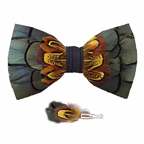 Sadiyamo Feather Bow Tie Feather Necktie Peacock Pre-tied Bow Tie and Brooch Sets with Product Box