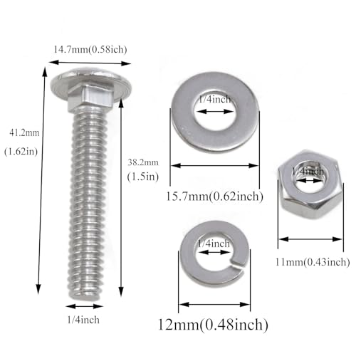 Image of Stainless Steel 18-8 Full Thread Coverage 1 /4-20 x1-1 /2 Carriage Bolts and Nuts Kit Square Bolt T Slot Bolts Head Bolts Header Bolts Hexagon Nut Spring Washer and Flat Washer Silver 10 Set