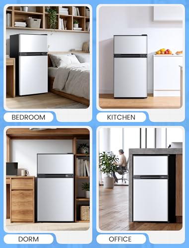 Image of COWSAR 2.5 Cu.Ft Mini Fridge with Freezer, Double Reversible Door Compact Apartment Refrigerator with 2 Removable Shelves, Commercial Dorm Fridge for Bedroom, Office, Kitchen, Dorm, Silver